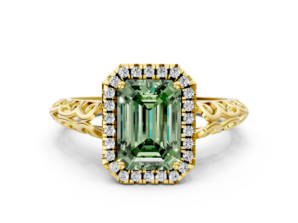 Yellow gold Fancy Green Emerald  Halo Diamond Engagement Ring with Intricate Filigree Band and Four-Prong Setting
