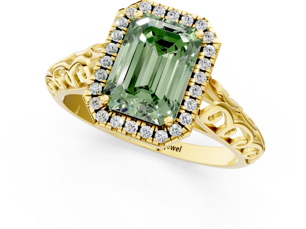Yellow gold Fancy Green Emerald  Halo Diamond Engagement Ring with Intricate Filigree Band and Four-Prong Setting