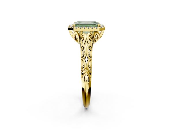 Yellow gold Fancy Green Emerald  Halo Diamond Engagement Ring with Intricate Filigree Band and Four-Prong Setting