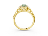 Yellow gold Fancy Green Emerald  Halo Diamond Engagement Ring with Intricate Filigree Band and Four-Prong Setting_40