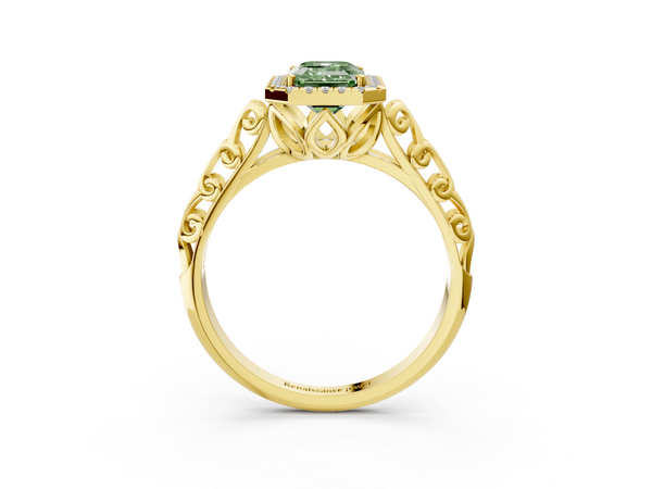 Yellow gold Fancy Green Emerald  Halo Diamond Engagement Ring with Intricate Filigree Band and Four-Prong Setting