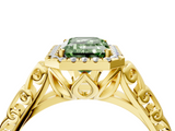 Yellow gold Fancy Green Emerald  Halo Diamond Engagement Ring with Intricate Filigree Band and Four-Prong Setting_41