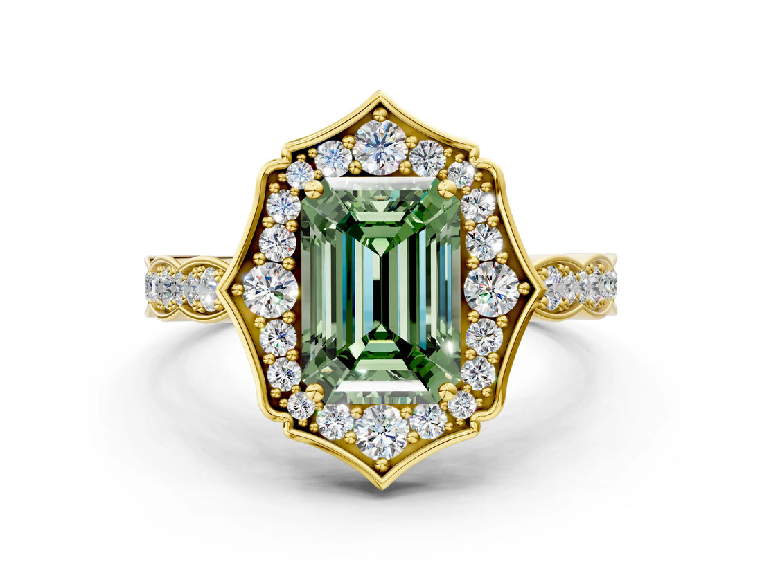 Yellow gold Fancy Green Emerald  Halo Diamond Engagement Ring with Milgrain Band and Four-Prong Setting_37