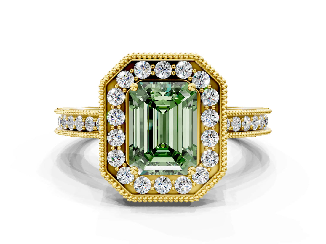 Yellow gold Fancy Green Emerald  Halo Diamond Engagement Ring with Milgrain Pave Band and Four-Prong Setting_12