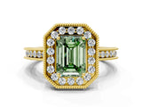 Yellow gold Fancy Green Emerald  Halo Diamond Engagement Ring with Milgrain Pave Band and Four-Prong Setting_12