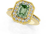 Yellow gold Fancy Green Emerald  Halo Diamond Engagement Ring with Milgrain Pave Band and Four-Prong Setting_13