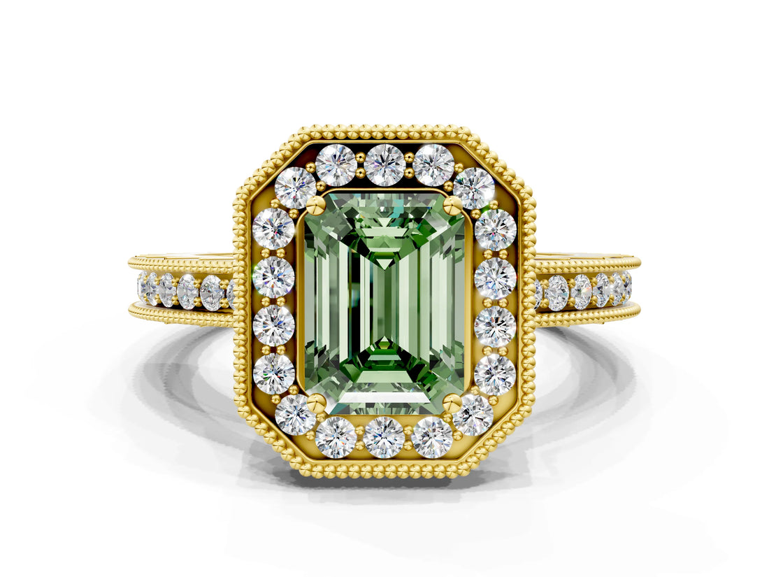 Yellow gold Fancy Green Emerald  Halo Diamond Engagement Ring with Milgrain Pave Band and Four-Prong Setting_38