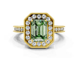 Yellow gold Fancy Green Emerald  Halo Diamond Engagement Ring with Milgrain Pave Band and Four-Prong Setting_38