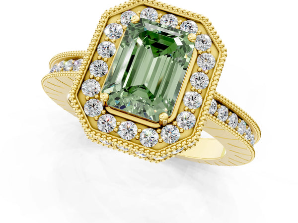 Yellow gold Fancy Green Emerald  Halo Diamond Engagement Ring with Milgrain Pave Band and Four-Prong Setting