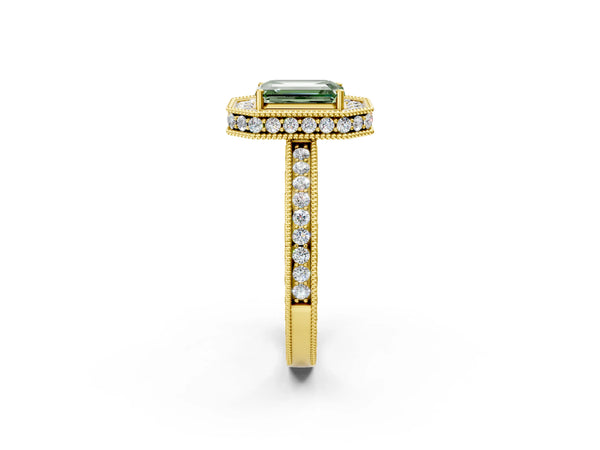 Yellow gold Fancy Green Emerald  Halo Diamond Engagement Ring with Milgrain Pave Band and Four-Prong Setting