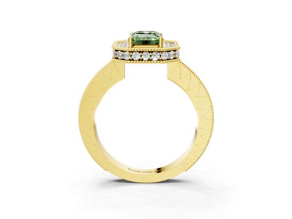 Yellow gold Fancy Green Emerald  Halo Diamond Engagement Ring with Milgrain Pave Band and Four-Prong Setting