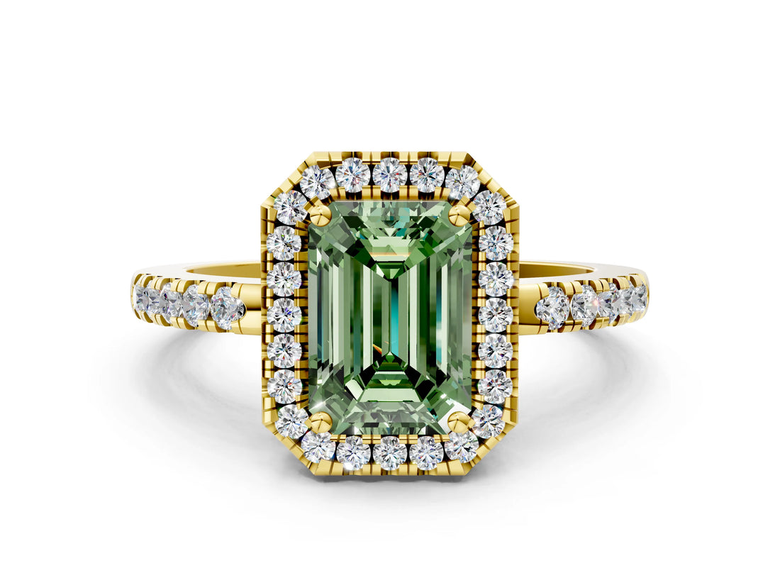 Yellow gold Fancy Green Emerald  Halo Diamond Engagement Ring with Pavé Band and Four-Prong Setting_93