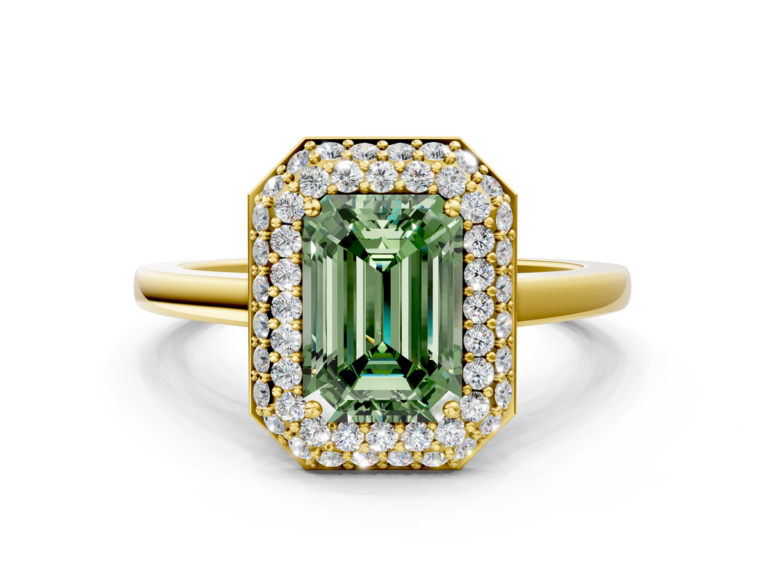 Yellow gold Fancy Green Emerald  Halo Diamond Engagement Ring with Solitaire Band and Four-Prong Setting_20