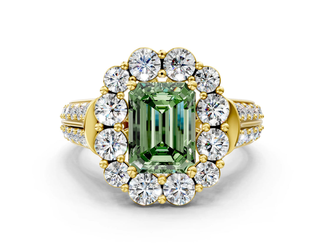 Yellow gold Fancy Green Emerald  Halo Diamond Engagement Ring with Split Shank and Prong Setting_66