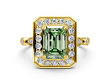 Yellow gold Fancy Green Emerald  Halo Diamond Engagement Ring with Twisted Band and Four-Prong Setting