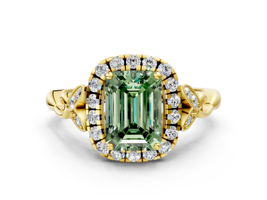 Yellow gold Fancy Green Emerald  Halo Diamond Engagement Ring with Vintage-Inspired Band and Four-Prong Setting_3