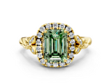 Yellow gold Fancy Green Emerald  Halo Diamond Engagement Ring with Vintage-Inspired Band and Four-Prong Setting_3