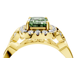 Yellow gold Fancy Green Emerald  Halo Diamond Engagement Ring with Vintage-Inspired Band and Four-Prong Setting_7