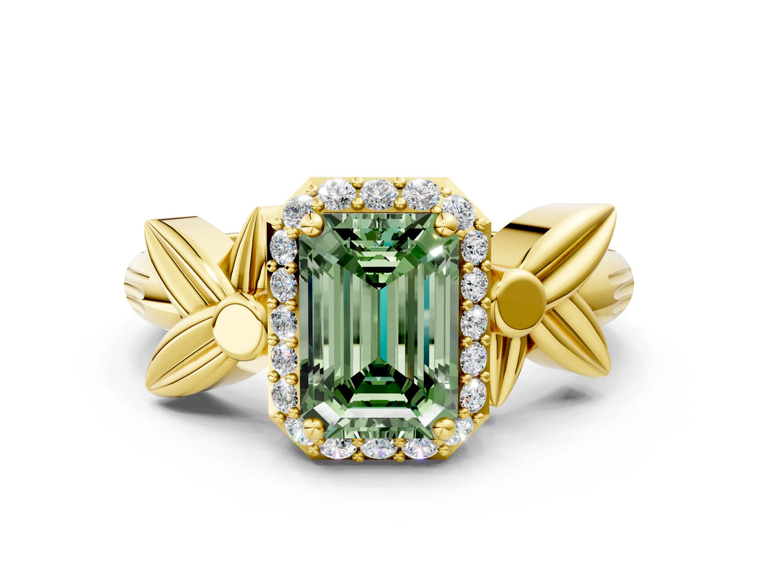 Yellow gold Fancy Green Emerald  Halo Diamond Floral Band with Four-Prong Setting_55
