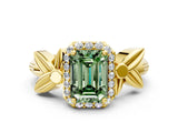 Yellow gold Fancy Green Emerald  Halo Diamond Floral Band with Four-Prong Setting_55