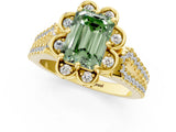 Yellow gold Fancy Green Emerald  Halo Diamond Floral Split Shank Engagement Ring 1