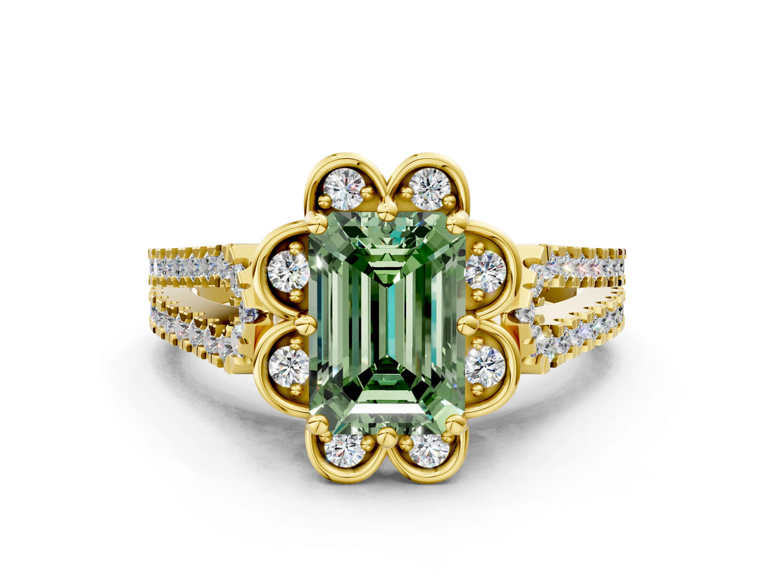 Yellow gold Fancy Green Emerald  Halo Diamond Floral Split Shank Engagement Ring