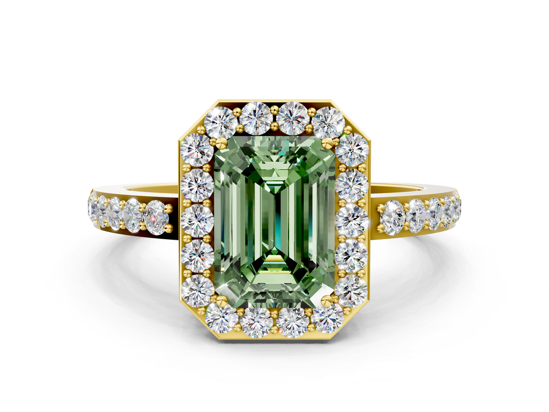 Yellow gold Fancy Green Emerald  Halo Diamond Pavé Band Ring with Prong Setting_20