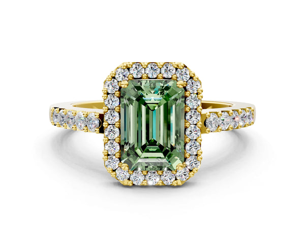 Yellow gold Fancy Green Emerald  Halo Diamond Pavé Solitaire Ring