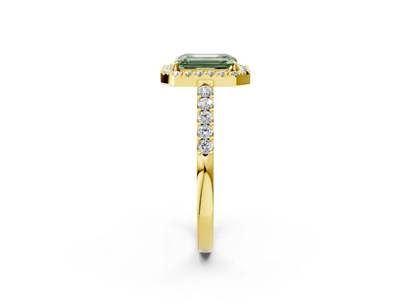 Yellow gold Fancy Green Emerald  Halo Diamond Pavé Solitaire Ring