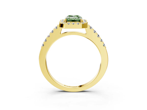 Yellow gold Fancy Green Emerald  Halo Diamond Pavé Solitaire Ring