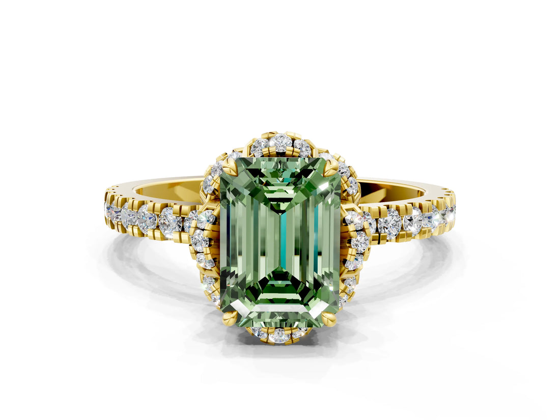 Yellow gold Fancy Green Emerald  Halo Diamond Pave Band Ring with Four-Prong Setting_15