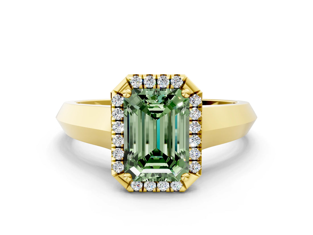 Yellow gold Fancy Green Emerald  Halo Diamond Ring with Cathedral Band and Four-Prong Setting_49