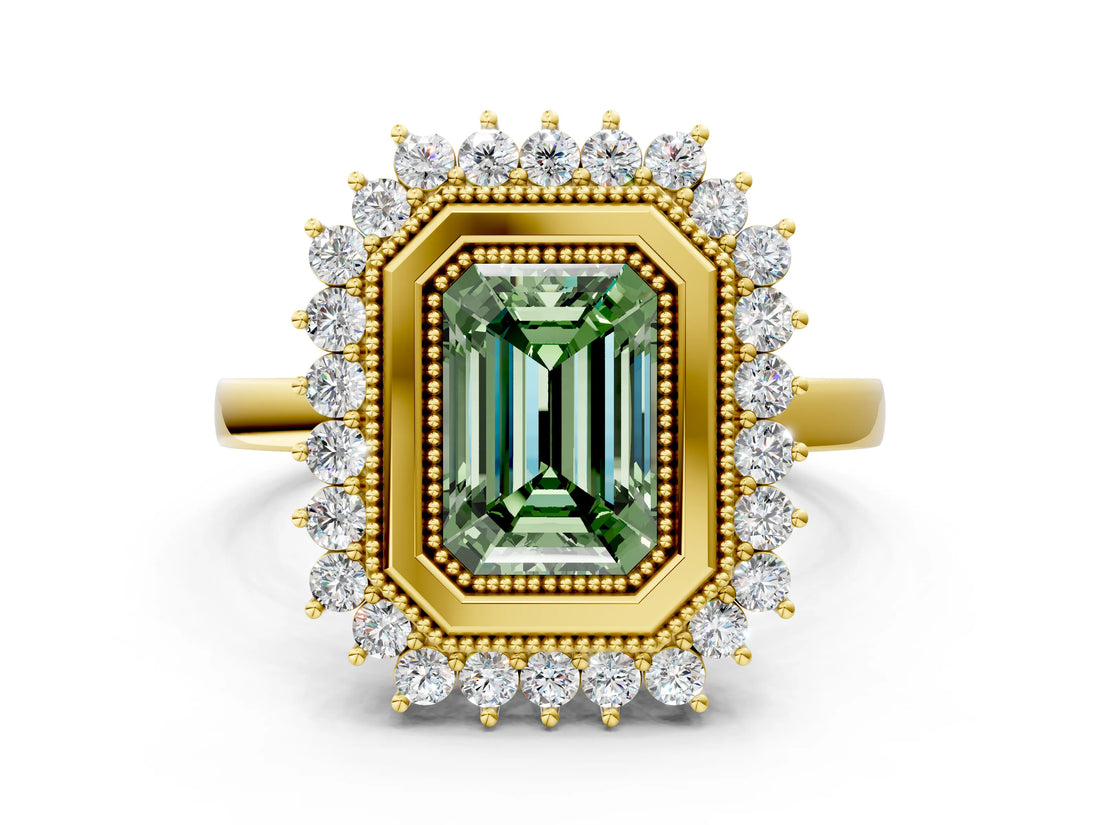 Yellow gold Fancy Green Emerald  Halo Diamond Ring with Milgrain Edge and Round Prong Setting_25
