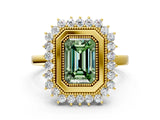 Yellow gold Fancy Green Emerald  Halo Diamond Ring with Milgrain Edge and Round Prong Setting_25