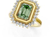 Yellow gold Fancy Green Emerald  Halo Diamond Ring with Milgrain Edge and Round Prong Setting_26