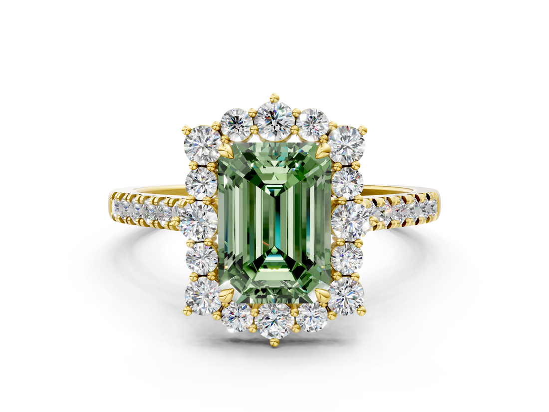 Yellow gold Fancy Green Emerald  Halo Diamond Ring with Pavé Band and Prong Setting_19