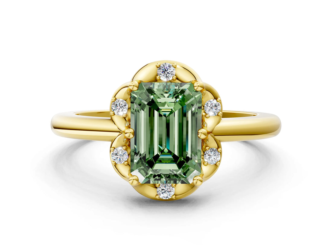 Yellow gold Fancy Green Emerald  Halo Diamond Ring with Round Cluster Setting, Solitaire Band, and Four-Prong Setting_74