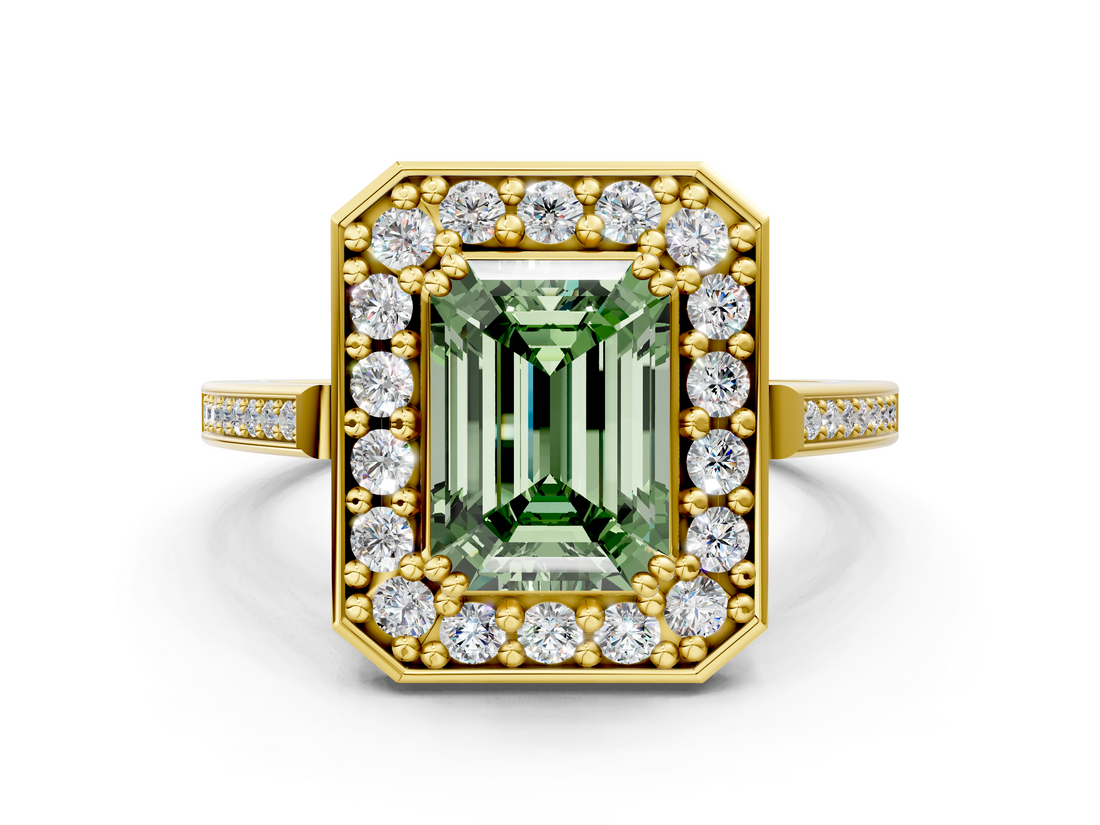Yellow gold Fancy Green Emerald  Halo Diamond Ring with Split Shank and Four-Prong Setting_42