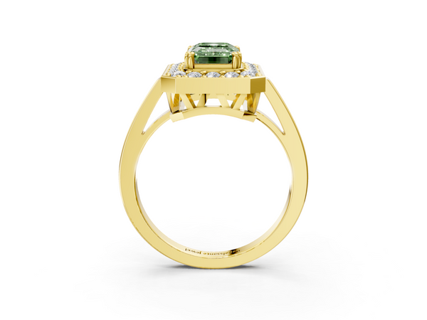 Yellow gold Fancy Green Emerald Cut Diamond Halo Ring with Split Shank and Four-Prong Setting