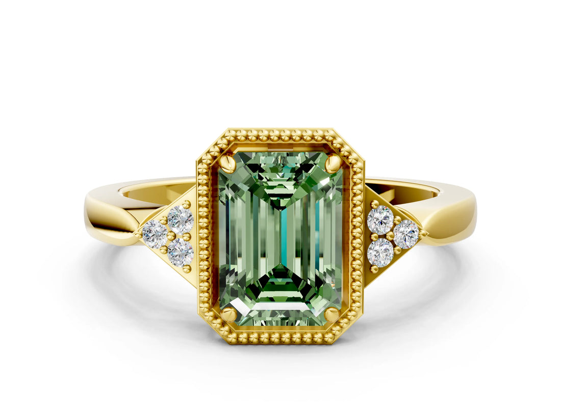 Yellow gold Fancy Green Emerald  Halo Diamond Ring with Tapered Band and Four-Prong Setting_7