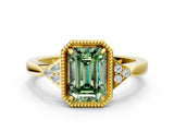 Yellow gold Fancy Green Emerald  Halo Diamond Ring with Tapered Band and Four-Prong Setting_7