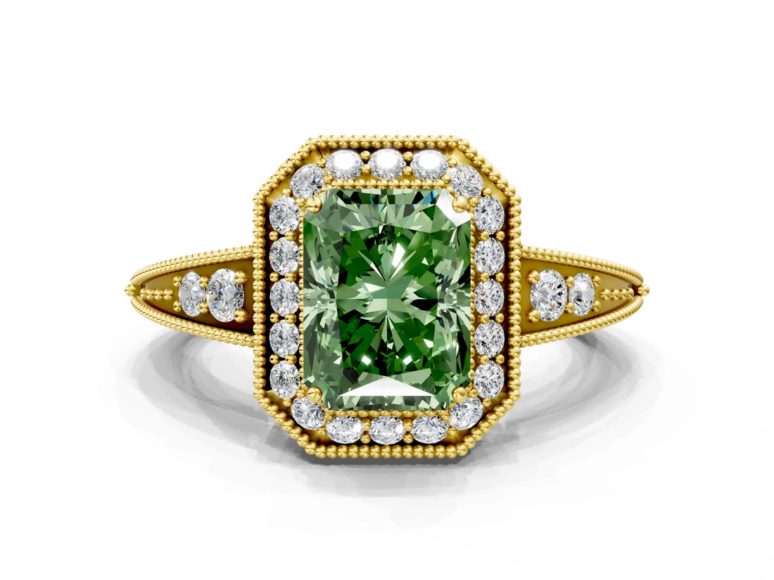 Yellow gold Fancy Green Emerald  Halo Diamond Split Shank Ring with Milgrain Detail_49