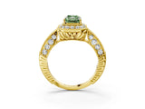 Yellow gold Fancy Green Emerald  Halo Diamond Split Shank Ring with Milgrain Detail_52