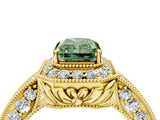 Yellow gold Fancy Green Emerald  Halo Diamond Split Shank Ring with Milgrain Detail_53