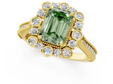 Yellow gold Fancy Green Emerald  Halo Milgrain Pave Diamond Ring with Four-Prong Setting 1