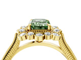 Yellow gold Fancy Green Emerald  Halo Milgrain Pave Diamond Ring with Four-Prong Setting 4