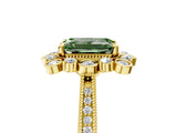 Yellow gold Fancy Green Emerald  Halo Milgrain Pave Diamond Ring with Four-Prong Setting 5