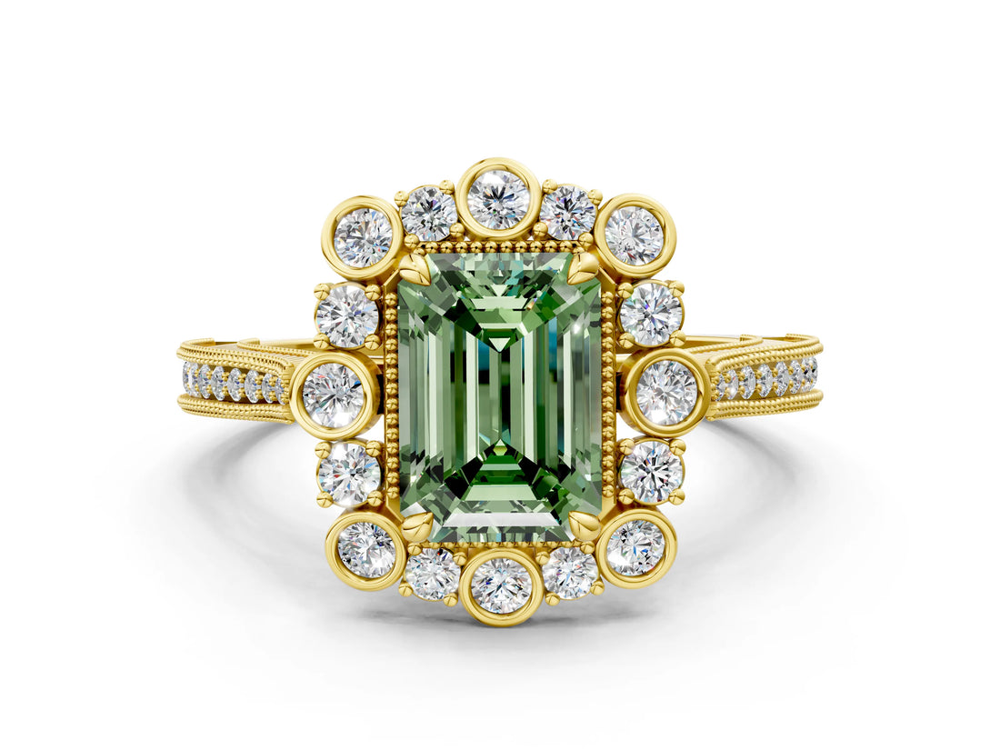 Yellow gold Fancy Green Emerald  Halo Milgrain Pave Diamond Ring with Four-Prong Setting