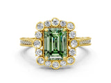 Yellow gold Fancy Green Emerald  Halo Milgrain Pave Diamond Ring with Four-Prong Setting