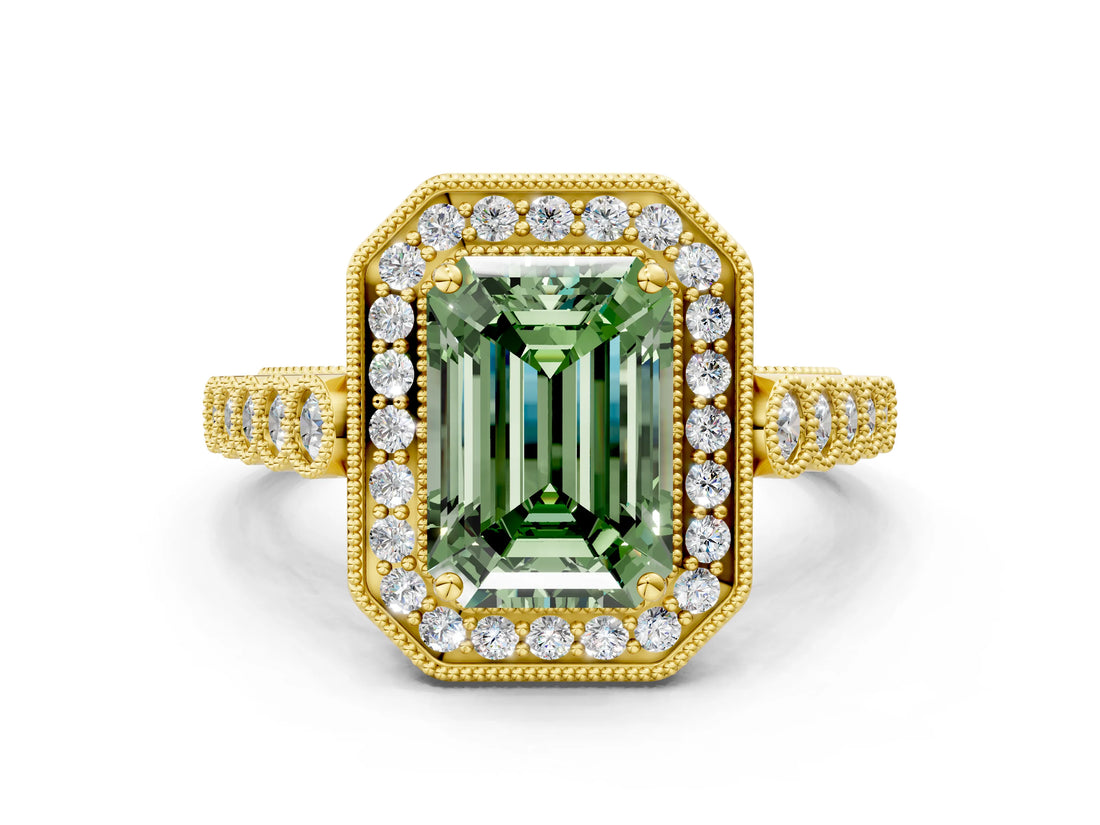 Yellow gold Fancy Green Emerald  Halo Milgrain Solitaire with Bezel Set Side Stones and Pave Band_32